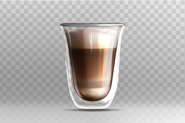 Illustratin vector realista de café con leche en taza de vidrio con doble pared sobre fondo transparente. Bebida de capuchino con espuma de leche en la parte superior. Plantilla de maqueta para marca o diseño de producto.