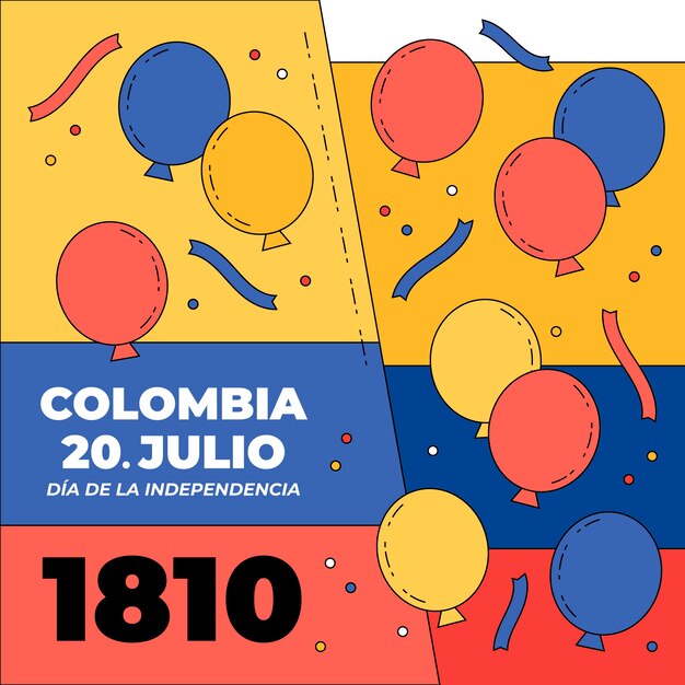 Ilustración de 20 de julio dibujada a mano con globos y confeti