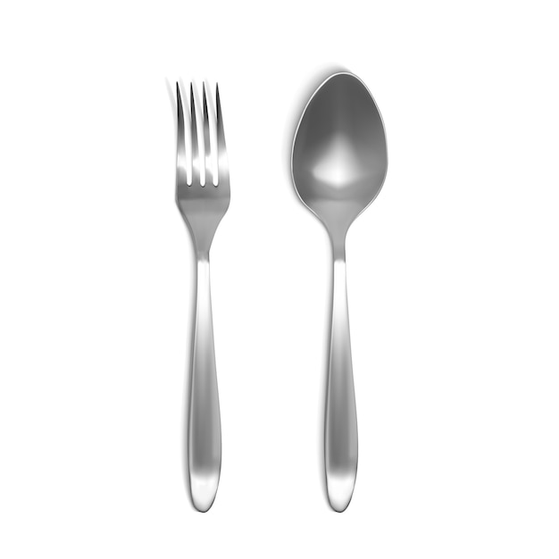 Ilustración 3D cuchara y tenedor. Conjunto aislado realista de vajilla de plata o metal