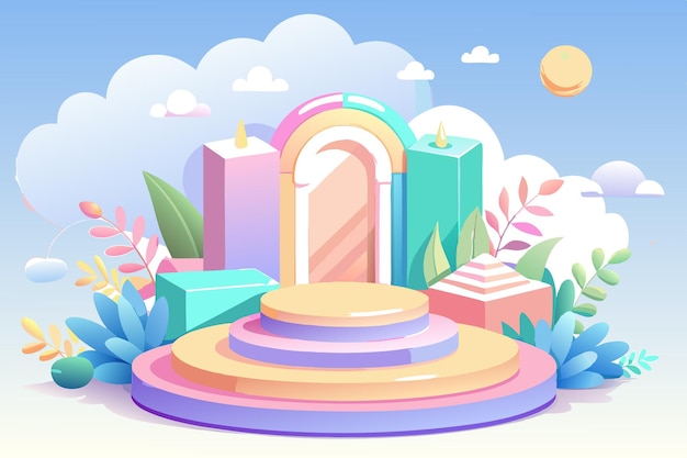 Una ilustración 3D de una plataforma colorida con un arco caprichoso y vegetación en un fondo de cielo azul brillante