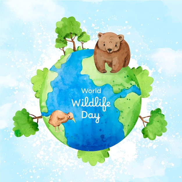 Ilustración en acuarela del día mundial de la vida silvestre.