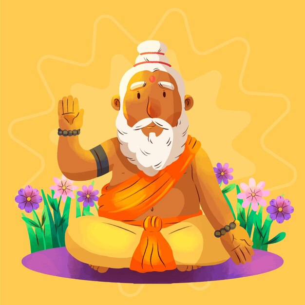 Ilustración de acuarela guru purnima con monje barbudo y flores