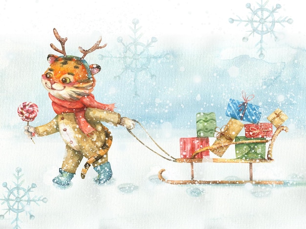 Ilustración de acuarela de invierno de un tigre lindo y que lleva un trineo con regalos de navidad