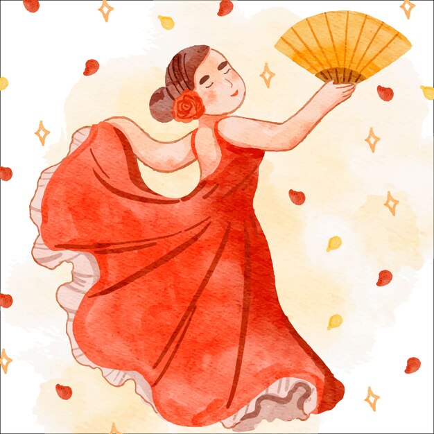 Ilustración acuarela de mujer flamenca