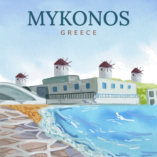 Ilustración acuarela de mykonos