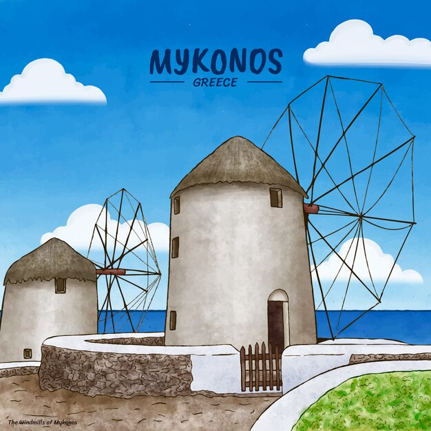 Ilustración acuarela de mykonos