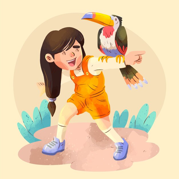 Ilustración acuarela de niño con animal