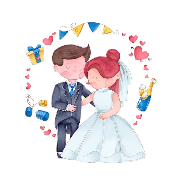 Vector gratuito ilustración acuarela novios con marco