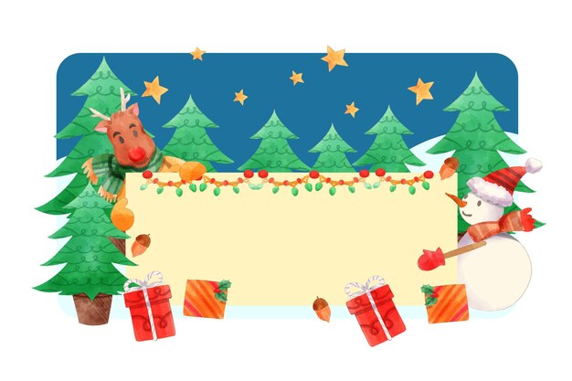 Ilustración acuarela de personaje navideño sosteniendo pancarta en blanco