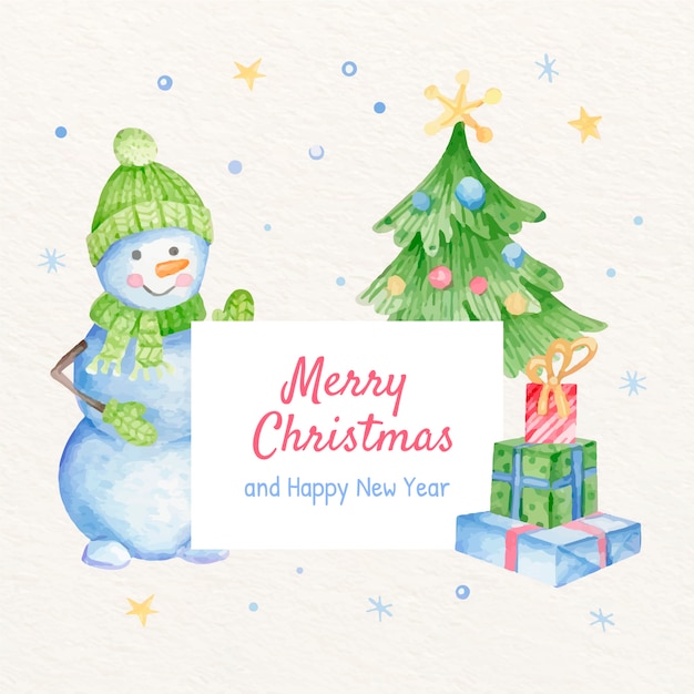 Ilustración acuarela de personaje navideño sosteniendo pancarta en blanco