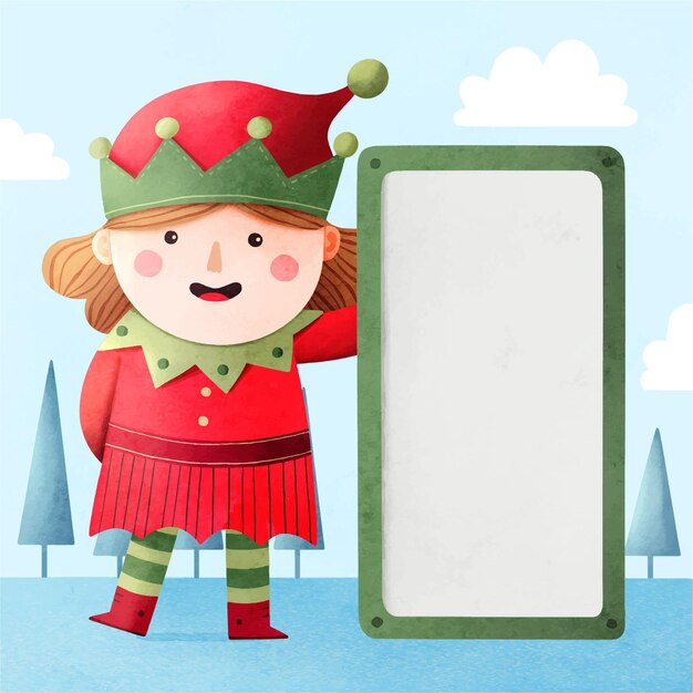 Ilustración acuarela de personaje navideño sosteniendo pancarta en blanco