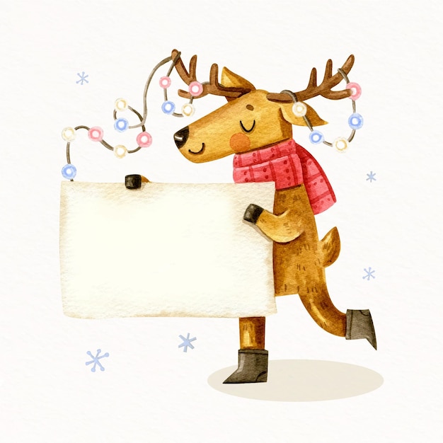 Ilustración acuarela de personaje navideño sosteniendo pancarta en blanco