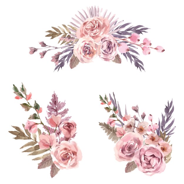 Ilustración acuarela de ramo floral seco con snapdragon, rosa, serbal