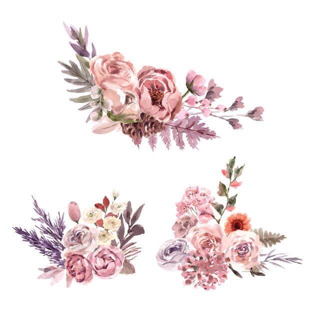Ilustración acuarela de ramo floral seco con snapdragon, rosa, serbal