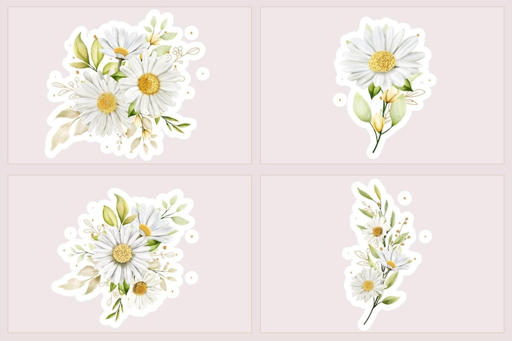 Vector gratuito ilustración en acuarela de un ramo de margaritas y una pegatina de una rama