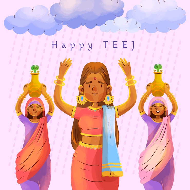 Vector gratuito ilustración de acuarela teej con mujeres que llevan jarras en la cabeza