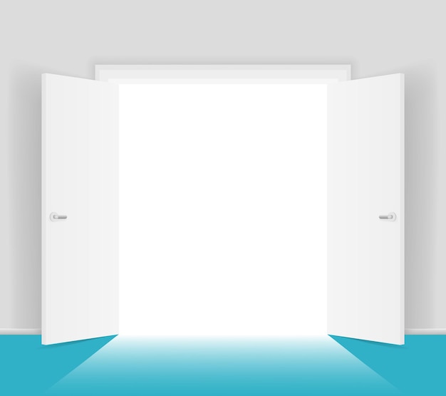 Ilustración aislada de puertas abiertas blancas. Luz brillante desde la entrada. Abrirse a la libertad