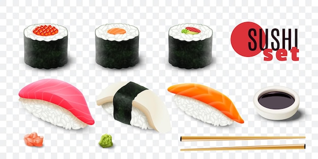 Vector gratuito ilustración aislada del trazado de recorte del conjunto de sushi fresco realista