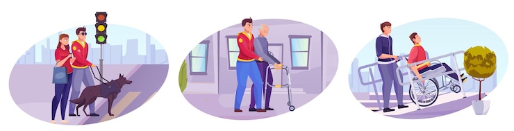 Vector gratuito la ilustración aislada de tres colores demostró ver el transporte de perros oculares y dispositivos para la ilustración de vectores planos discapacitados
