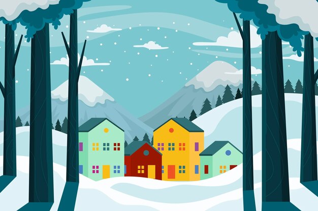 Ilustración de la aldea plana de invierno