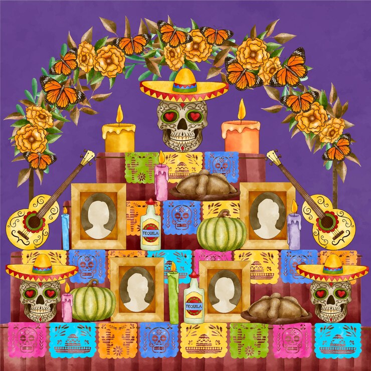 Vector gratuito ilustración del altar del hogar de la familia del día de muertos de la acuarela