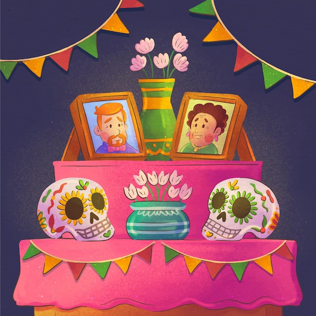 Vector gratuito ilustración del altar del hogar de la familia del día de muertos de la acuarela