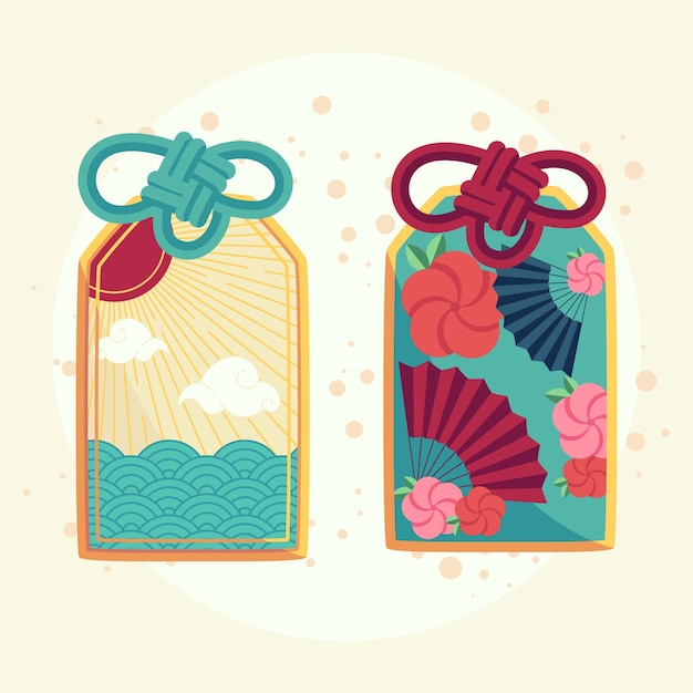 Ilustración de amuletos japoneses dibujados a mano