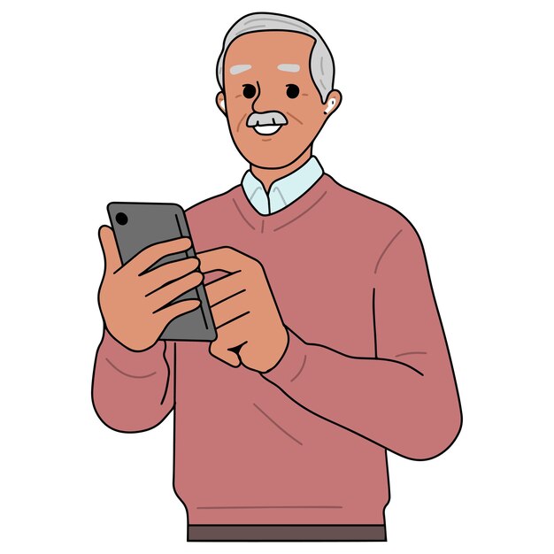 Ilustración de un anciano sosteniendo y mirando un teléfono móvil en la mano