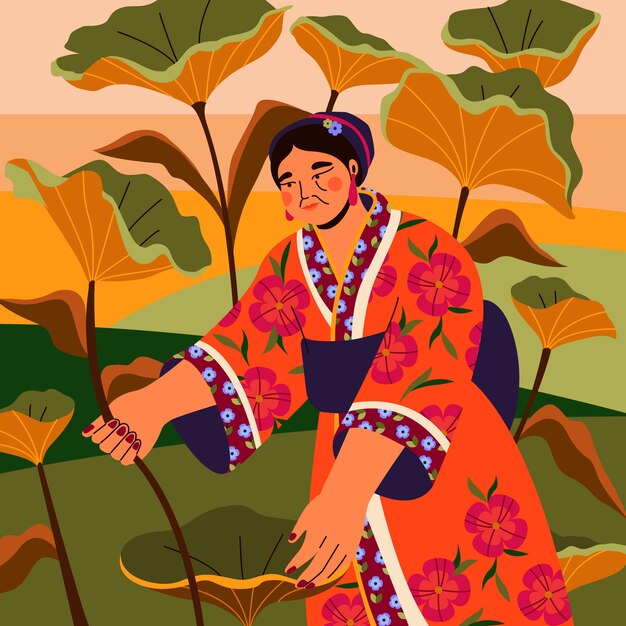 Ilustración de ancianos asiáticos dibujada a mano