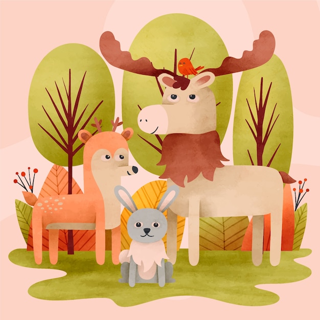 Ilustración de animales del bosque acuarela