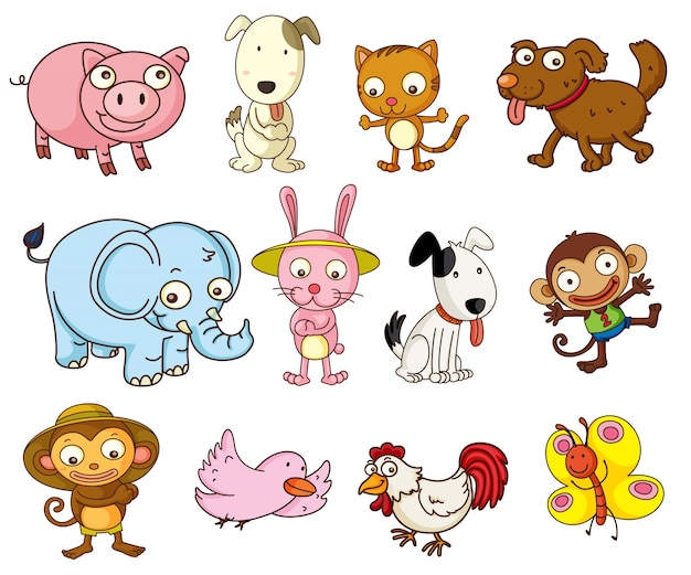 Vector gratuito ilustración de animales de dibujos animados en blanco