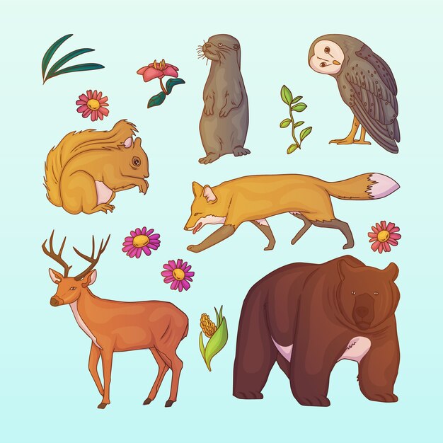 Ilustración de animales salvajes dibujados a mano