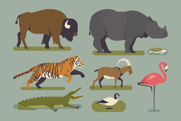 Ilustración de animales salvajes planos dibujados a mano