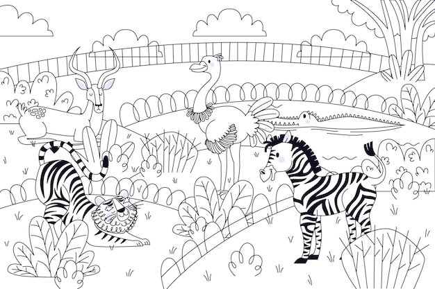 Ilustración de animales del zoológico dibujados a mano