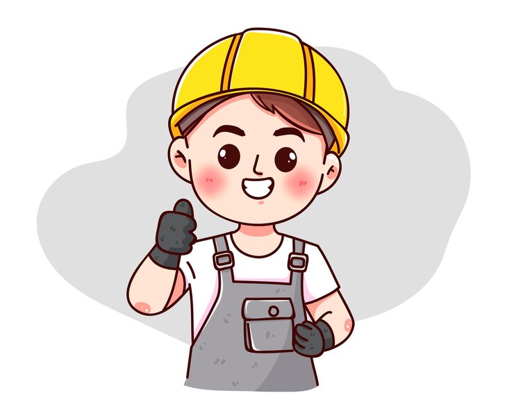 Vector gratuito ilustración de arte de dibujos animados dibujados a mano de dibujos animados de personaje de ingeniero de máquinas de seguridad de trabajador profesional
