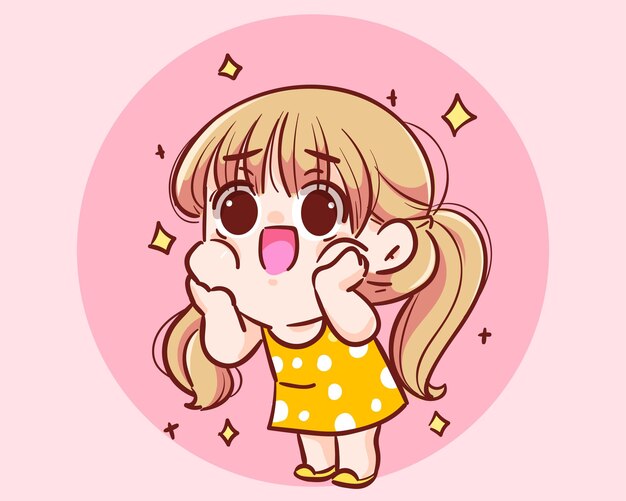 Ilustración de arte de dibujos animados dibujados a mano de personaje de niña linda feliz