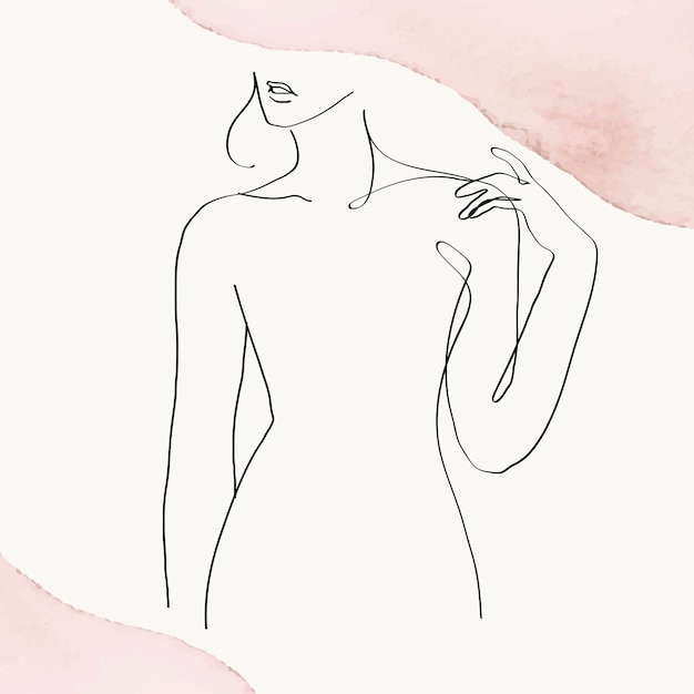 Ilustración de arte de línea de vector de la parte superior del cuerpo de la mujer sobre fondo rosa pastel acuarela