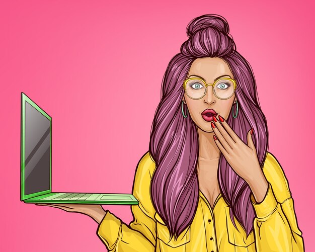 La ilustración del arte pop de una joven sorprendida sostiene una computadora portátil abierta en su mano.