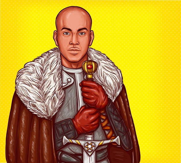 Ilustración de arte pop pop de un caballero medieval en armadura de acero con una espada de hierro