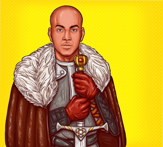 Ilustración de arte pop pop de un caballero medieval en armadura de acero con una espada de hierro