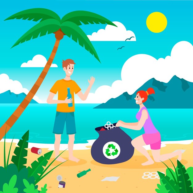 Ilustración artística con gente limpiando playa