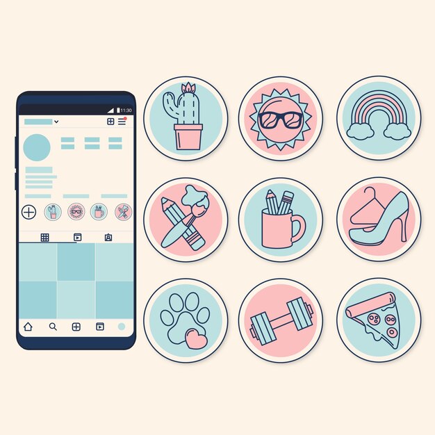 Ilustración de los aspectos más destacados de Instagram dibujada a mano