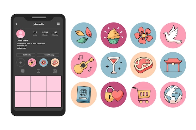 Ilustración de los aspectos más destacados de Instagram dibujada a mano