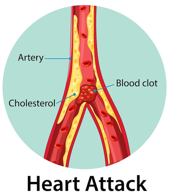 Ilustración de un ataque al corazón con una arteria y un coágulo de sangre