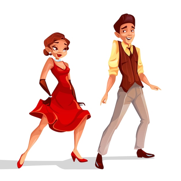 Ilustración de bailarines de jazz de personajes de hombre y mujer bailando en cabaret