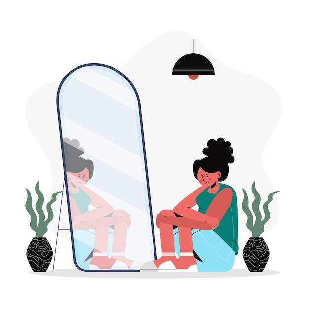 Ilustración de baja autoestima de diseño plano con mujer