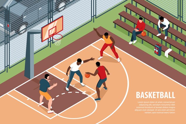 Ilustración de baloncesto isométrica con texto editable y vista del patio de recreo con atletas y espectadores