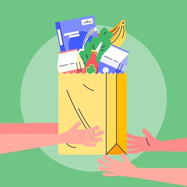 Ilustración de banco de alimentos de diseño plano dibujado a mano