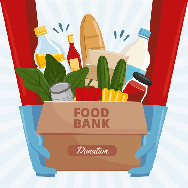 Ilustración de banco de alimentos de diseño plano dibujado a mano