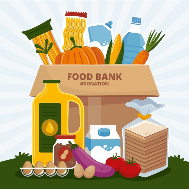 Ilustración de banco de alimentos de diseño plano dibujado a mano